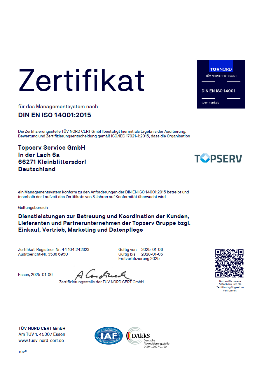Vorschau DIN EN ISO 14001 Zertifikat Topserv