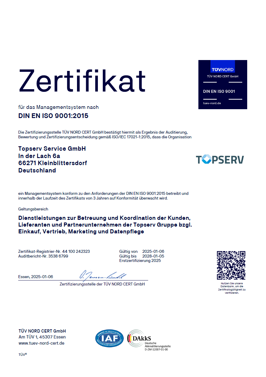 Vorschau DIN EN ISO 9001 Zertifikat Topserv
